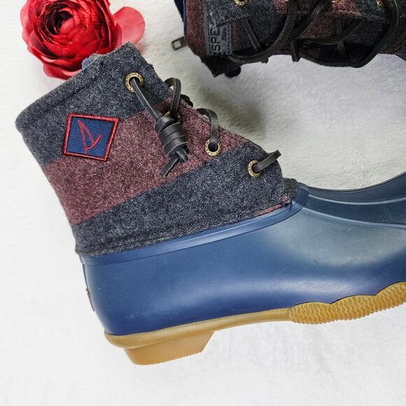 Sperry Womens Size 8 Saltwater Varsity Striped Duck Boots Rain Boots Wool - Picture 7 of 11